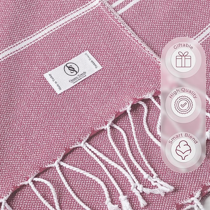 Turkish Beach Towel Soft & Drying Oversized (39" x 71") - Quick Dry, Versatile and Functional as Picnic, Travel and Beach Blanket, Yoga, Gym, Pool and Cruise Towels - Pink