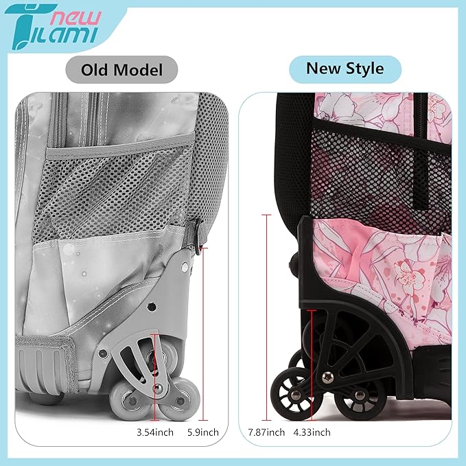 NEW TILAMI 18 Inch Rolling Backpack with Wheels for Girls Boys Kids Laptop Backpack School Travel, Pink Flowers