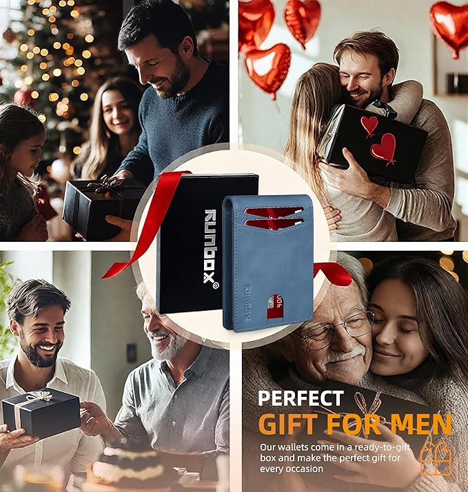 RUNBOX Wallet for Men Slim Rfid Leather 2 ID Window With Gift Box