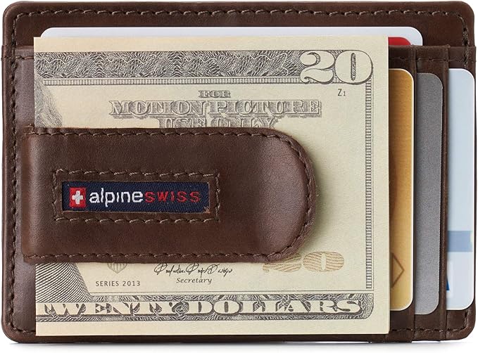 Alpine Swiss RFID Dermot Money Clip Front Pocket Wallet For Men Leather Hampton Collection Glossy Nappa Brown
