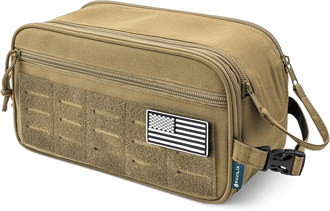 PAVILIA Extra Large Tactical Toiletry Bag for Men, Travel Hygiene Bag, Military Gear Dopp Kit, Molle Accessories Pouch, Shaving Grooming Essentials Gym Bathroom Shower Toiletries Tool EDC, Tan XL
