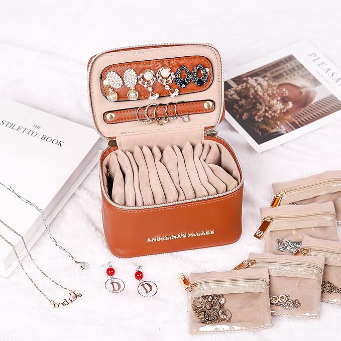 Angelina's Palace Jewelry Organizer Case Bridesmaid Gifts Travel Bag Vegan Leather Box for Necklace Earring Bracelet Ring(bran)