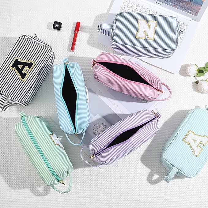 YOOLIFE Makeup Bag for Women - Monogram Cute Initial Blue Makeup Bags Cosmetic Toiletry Pouch Make Up Case for Women Her Best Friend Friendship Sister Teacher, Personalized Birthday Gifts for Women K