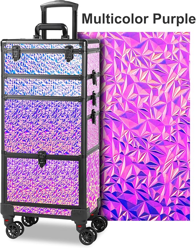 Rolling Makeup Case with Large Drawer, Makeup Train Case with Tray, Cosmetology Case on Wheels, Travel Makeup Case Organizers, Professional for Salon Barber, Nail, Tattoo, Multicolor Purple