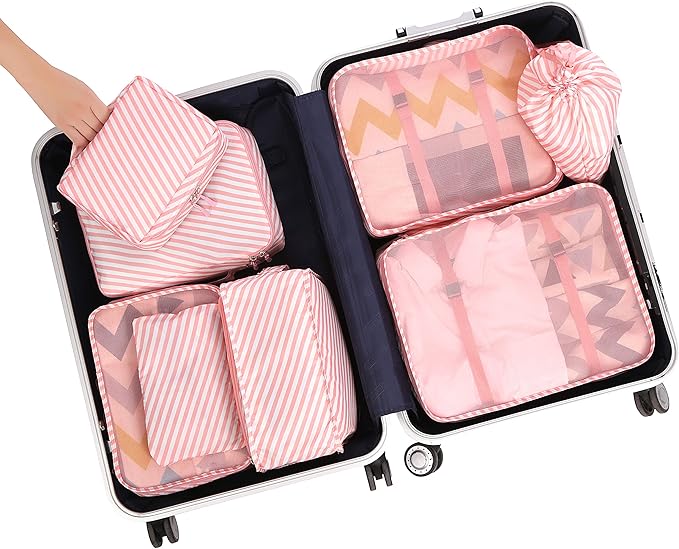BAGAIL 8 Set Packing Cubes Luggage Packing Organizers for Travel Accessories-White and Pink Stripe