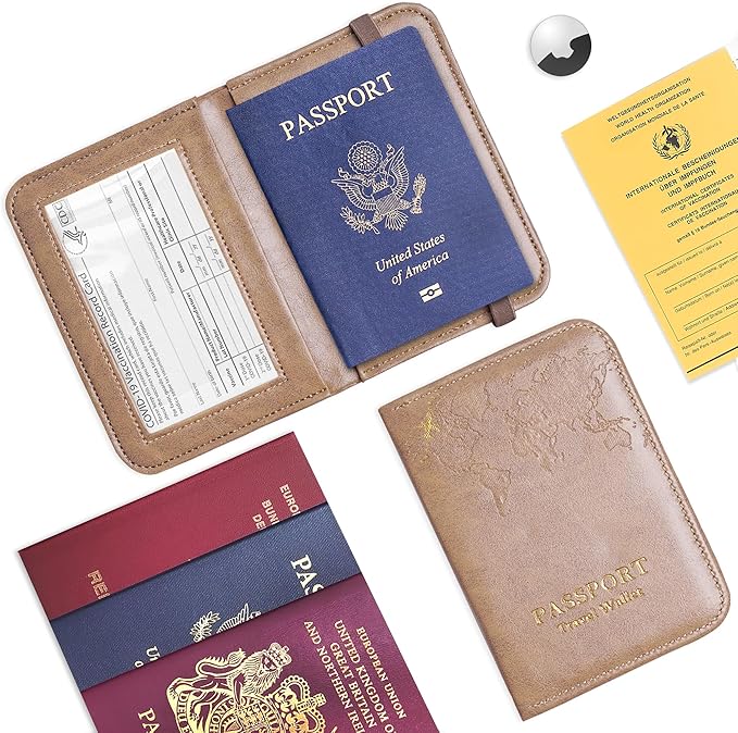 QIELIZI Passport Holder with Airtag Slot, Airtag Passport Wallet for Men Women, Slim Leather Passport Holder Case Family for Travel Anti-Lost(1-Yellow Grey)