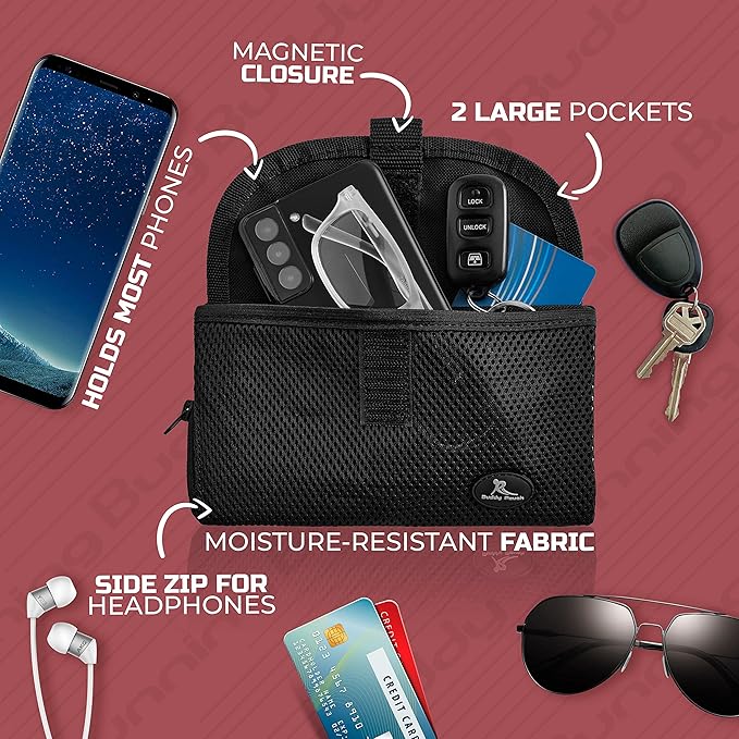 Running Buddy Fanny Pack Waist Bag - Magnetic Closure Workout Belt - Water-Resistant Pocket for Belt Bag Essentials - Side-Zipper Headphone Port for Fanny Packs for Women - XXL, Black, 7 x 4 in