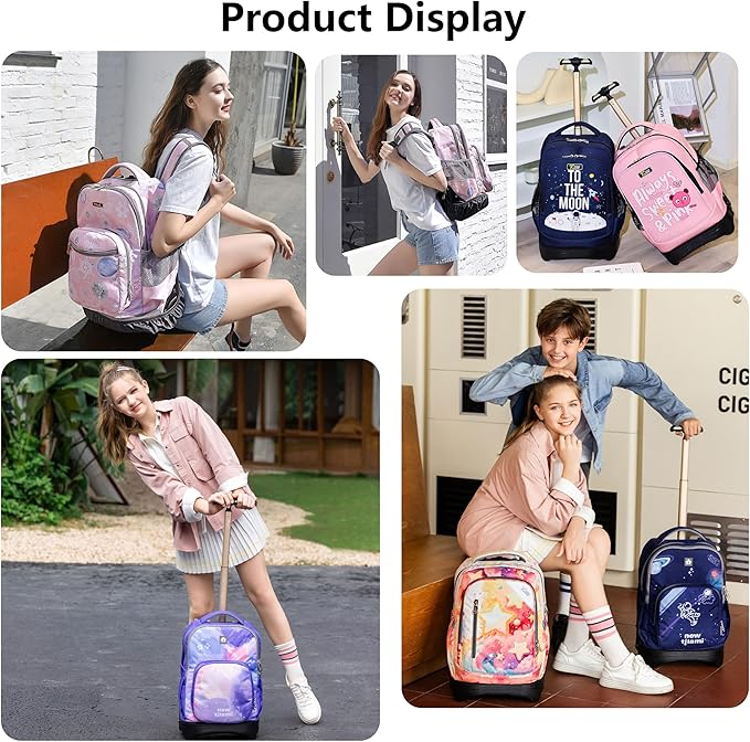 NEW TILAMI 18 Inch Rolling Backpack with Wheels for Girls Boys Kids Laptop Backpack School Travel, Purple Star