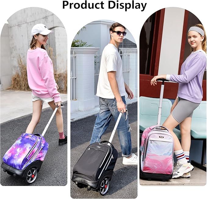 NEW TILAMI 19 Inch Rolling Backpack with Lunch Bag for Girls Boys Wheeled Laptop Backpack Durable Carry-on Bag School Travel, Pure Black