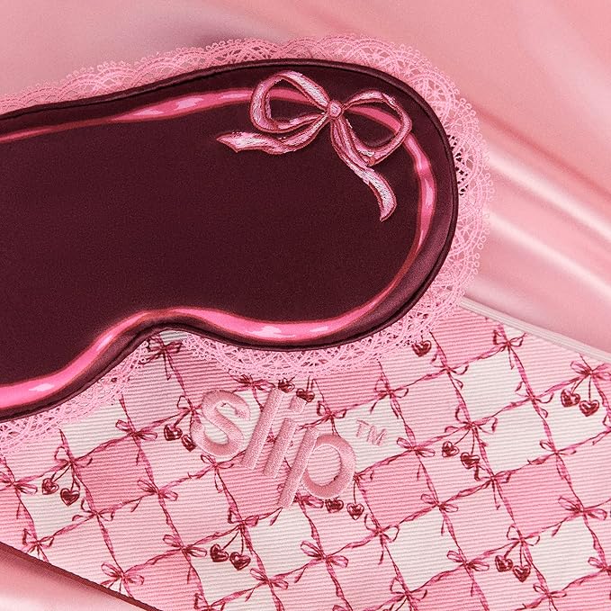 slip Lovely Lashes Gift Set – Cutie Pie Edition – Crimson Pure Silk Contour Sleep Mask with Lace Trim & Complimentary Travel Case – Lash-Friendly, Light-Blocking Eye Mask