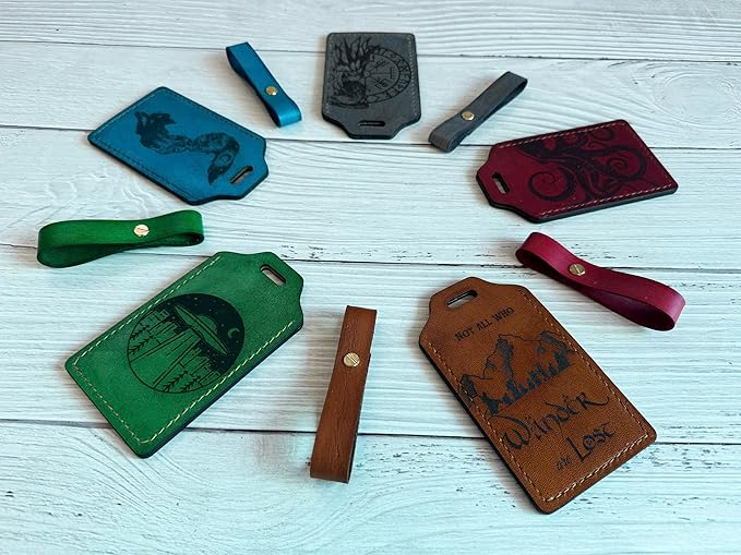 Mayan Corner - Handcrafted Leather Luggage Tag, Octopus Design, Burgundy Red with ID Window