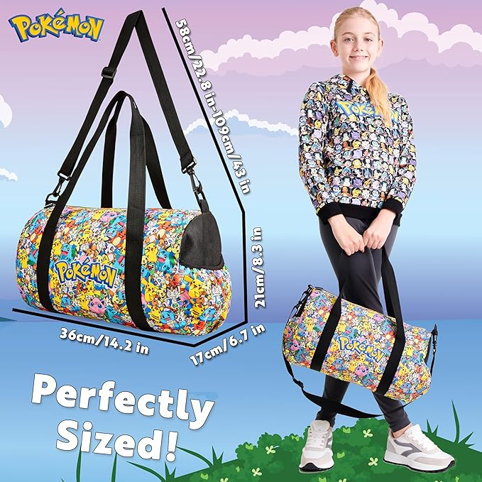 Pokemon Pikachu Duffel Kids Travel Bag - Gym Sports Overnight Holdall with Adjustable Strap & Pockets