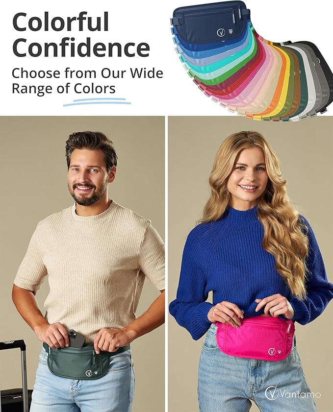 Vantamo Money Belt with RFID For Men & Women, Hidden Passport Holder for Travel, 2 Compartment Travel Fanny Pack for Women Anti Theft