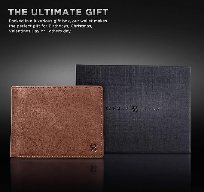 SERMAN BRANDS 2 ID Window Wallet for Men RFID Blocking Leather, Bifold Top Flip, Extra Capacity Travel Wallet