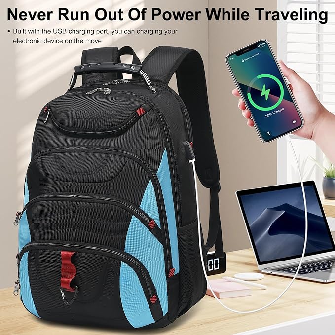 Boavan Laptop Backpack for men, 17.3 inch Laptop Bag with USB Port, Waterproof Travel Work Backpack Purse, Anti-Theft Teacher Nurse Doctor Casual Bookbags Office Business backpack,Black&Sky Blue