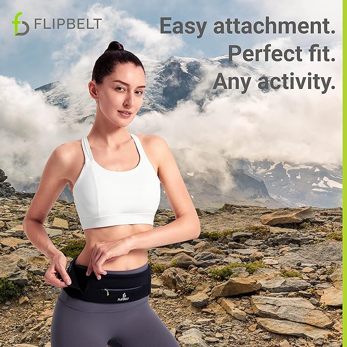 FlipBelt Adjustable Running Belt, Fitness and Running Fanny Pack for Women and Men, Non Chafing Waist Band Pack for Phone Keys Money, Moisture Wicking Storage Belt, USA Company