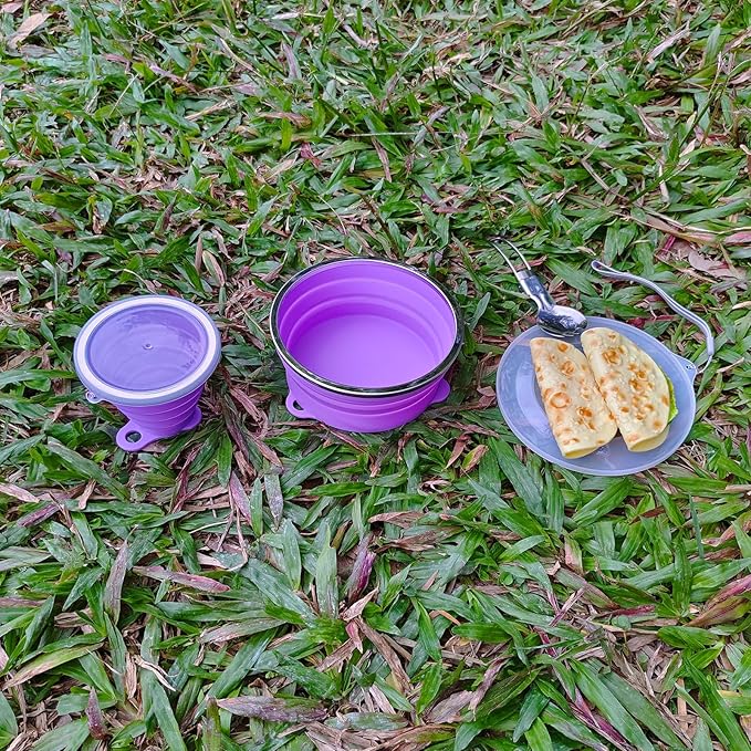 Mess Kit for Camping Silicone Collapsible Bowl Collapsible Cup and Stainless Steel Spoon for Backpacking Outdoor Hiking Traveling and Picnic - 2 Pack