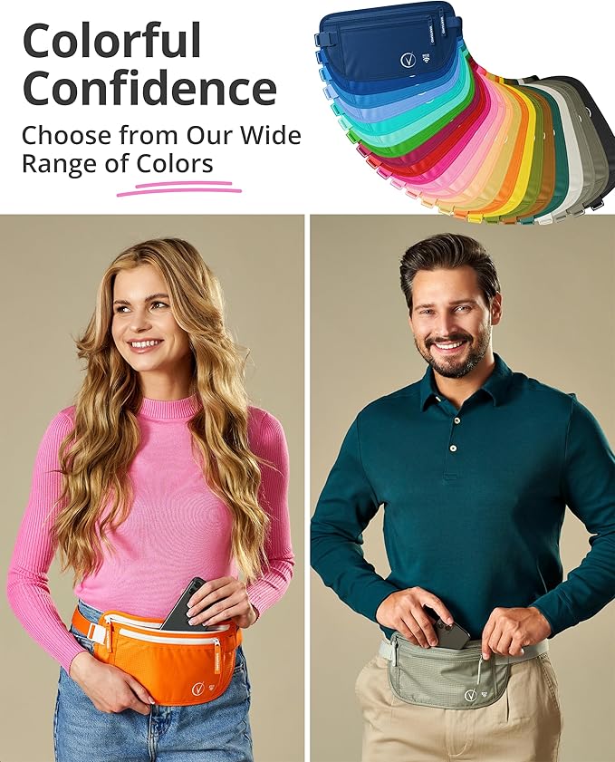 Vantamo Money Belt with RFID For Men & Women, Hidden Passport Holder for Travel, 2 Compartment Travel Fanny Pack for Women Anti Theft