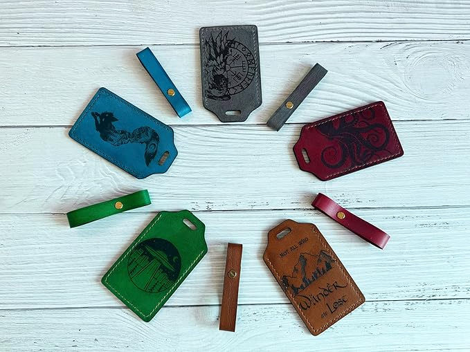 Mayan Corner - Leather Luggage Tag with Celtic Raven Design, ID Window, Grey, Brass Hardware, 4.3 x 2.7 inches