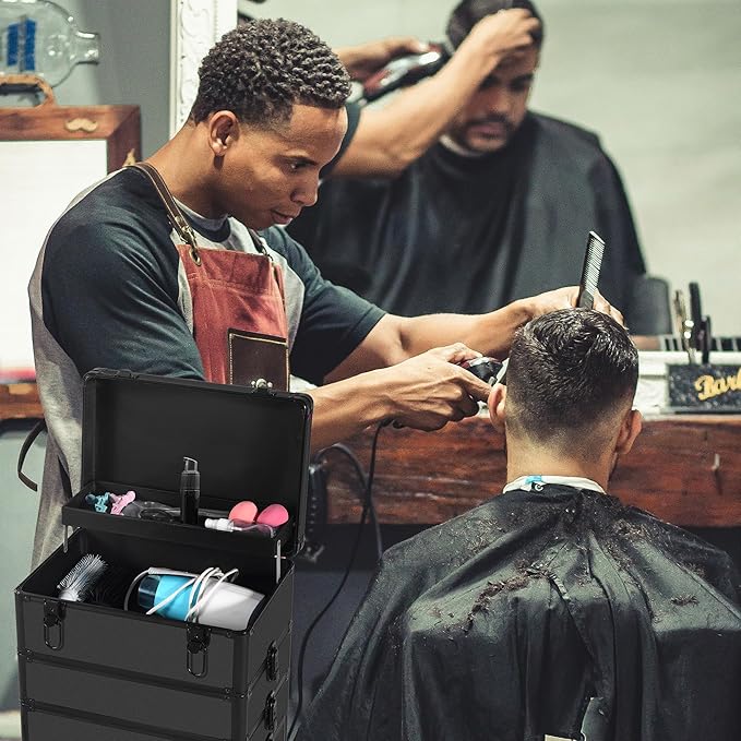 Makeup Train Case with Drawer, Rolling Makeup Case, Cosmetology Case on Wheels, Gift, Travel Makeup Organizers, Profesional Cosmetic Case for Salon Barber,Nail,Tattoo, Black