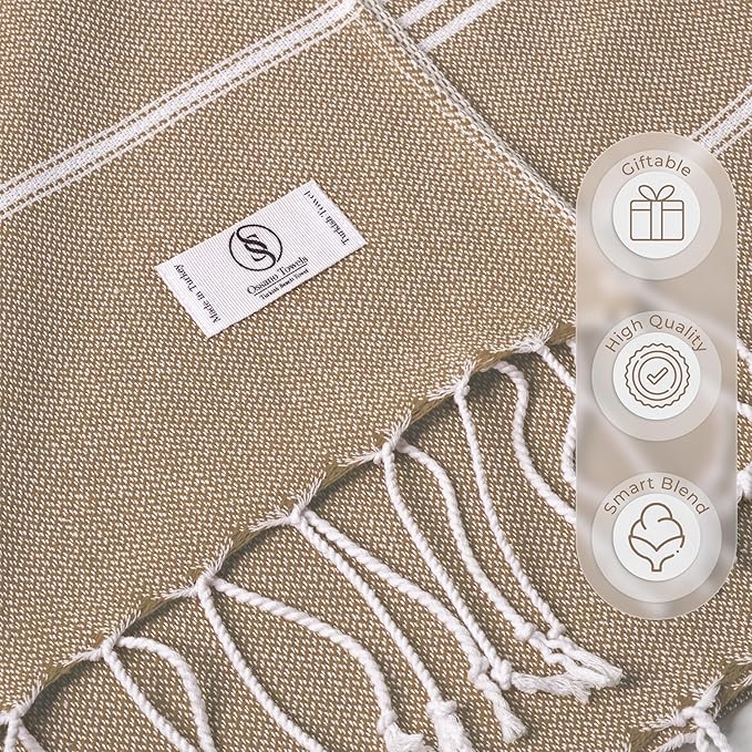 Turkish Beach Towel Absorbent & Lightweight Oversized (39" x 71") - Quick Dry, Versatile and Functional as Yoga Mat, Picnic Blanket/Travel Blanket, Flight, Gym and Bath Towels - Light Brown