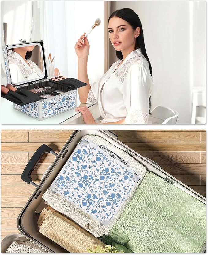 Relavel Makeup Bag with LED Mirror, Makeup Box Travel Train Case with Rechargeable Lighted Mirror, Cosmetic Brush Organizer Storage for Makeup Artists Gifts for Women and Girls, Floral Print