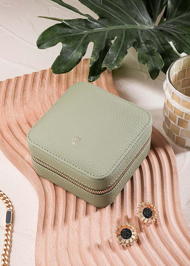 S.Leaf Travel Jewelry Organizer Boxes for Women Small Portable Necklace Earrings Bracelet Rings Travel Case Best Friend Birthday Gifts for Women Trendy (01_Lychee_Sage_Green)