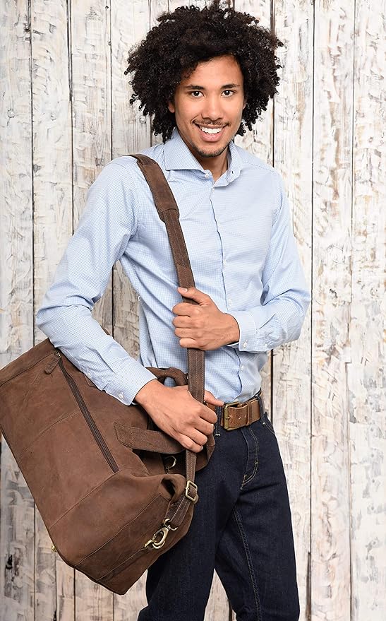 Leabags Leather Weekender | Genuine Leather Premium Travel Bag | 41L Sports Duffle Gym Training Airplane Bag | Large | Dark Brown Nature | for Women & Men