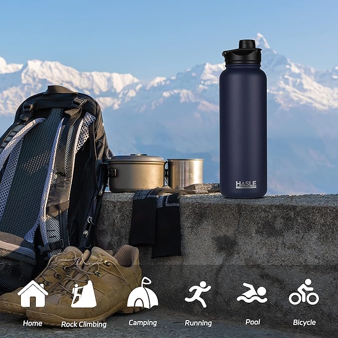 HASLE OUTFITTERS 40oz Stainless Steel Water Bottle, Vacuum Insulated Double Walled Leak Proof Sports Water Bottle with 2 Lids (Straw and Spout Lid) Thermo Mug Keep Cold and Hot(Navy,1)