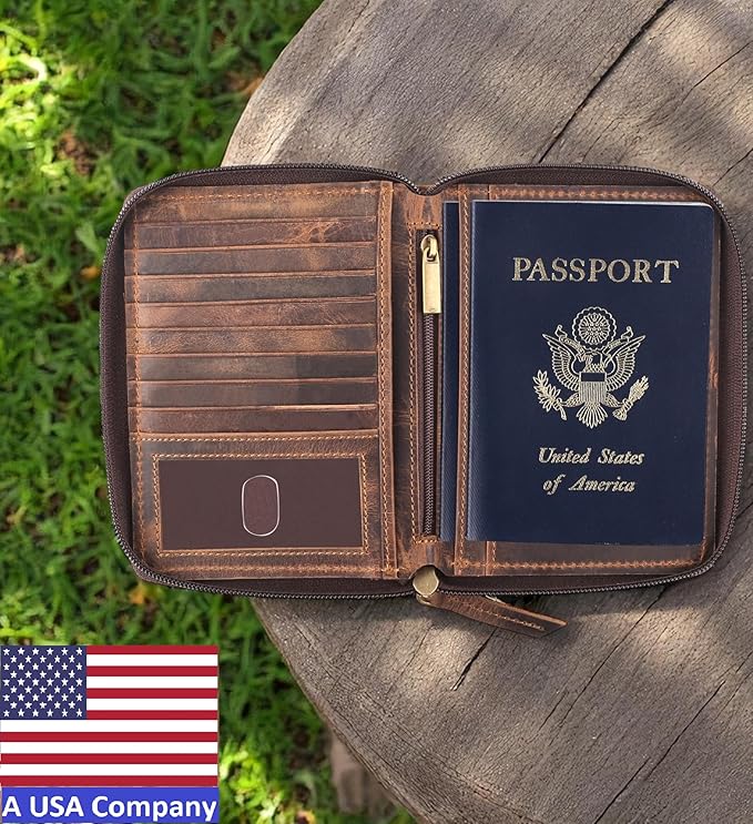 Passport Wallet - Travel Document Holder w/RFID Blocking – Full Grain Leather – Bifold compact zip around Wallet with Credit Card Slots for Women and Men, brown flag, 500-32