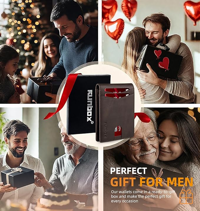 RUNBOX Wallet for Men Slim Rfid Leather 2 ID Window With Gift Box