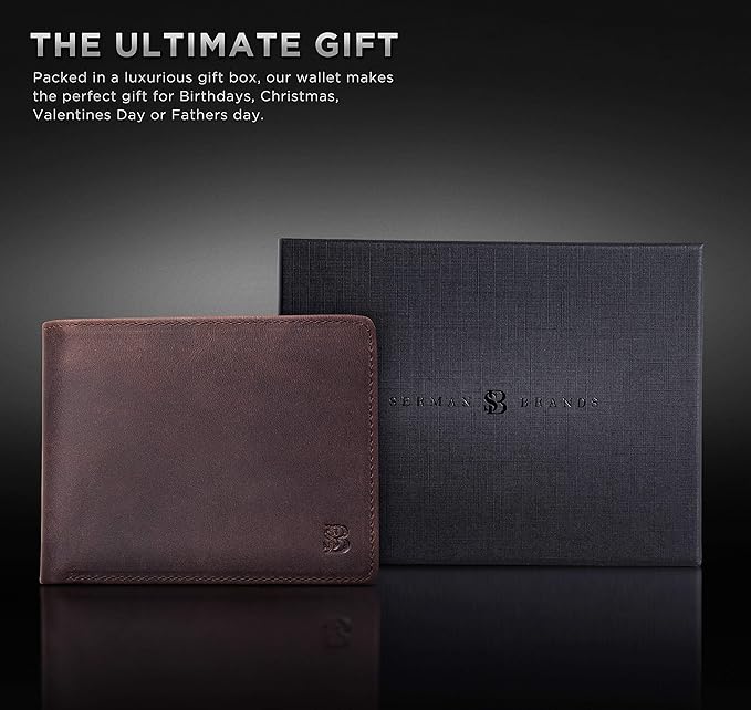 SERMAN BRANDS 2 ID Window Wallet for Men RFID Blocking Leather, Bifold Top Flip, Extra Capacity Travel Wallet