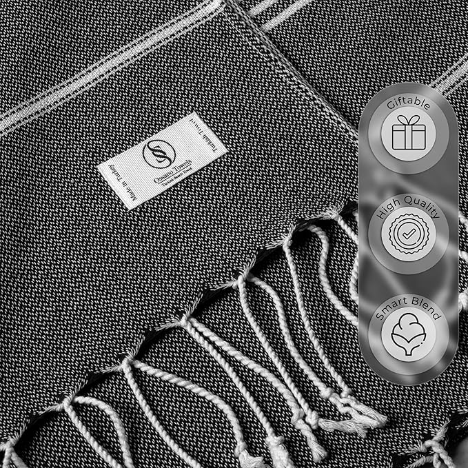 Turkish Beach Towel Absorbent & Quick Dry Oversized (39" x 71") - Decorative, Versatile and Functional as Yoga Mat, Beach Blanket, Bath, Travel, Airplane and Gym Towel - Black