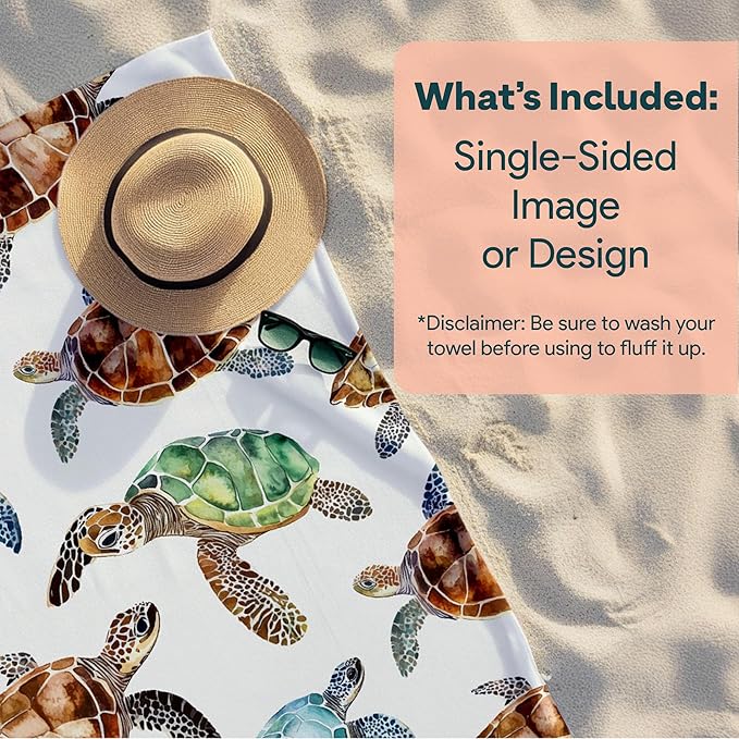 Ships Next Day - Personalized Beach Towel for Kids & Adults - Printed in USA - Custom Towels with Picture and Text - Quick Dry Pool Towels - Cotton/Poly Blend - 30" x 60" - Sea Turtles