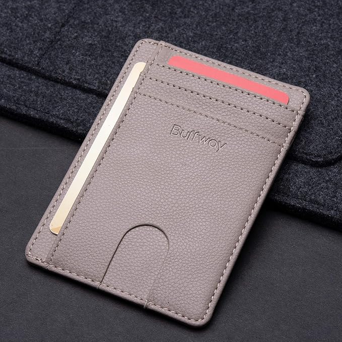Buffway Slim Minimalist Front Pocket RFID Blocking Leather Wallets for Men and Women - Lichee Khaki