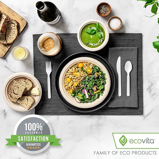 Ecovita 100% Compostable Forks Spoons Knives Cutlery Combo Set - 380 Large Disposable Utensils (7 in.) Eco Friendly Durable and Heat Resistant Alternative to Plastic Silverware with Convenient Tray