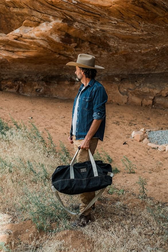 Barebones Neelum Duffel Bag – 40L Waxed Denim Travel Duffel with Full-Grain Leather Handles, Internal Pockets & Removable Strap – Durable Overnight or Weekend Bag for Men & Women