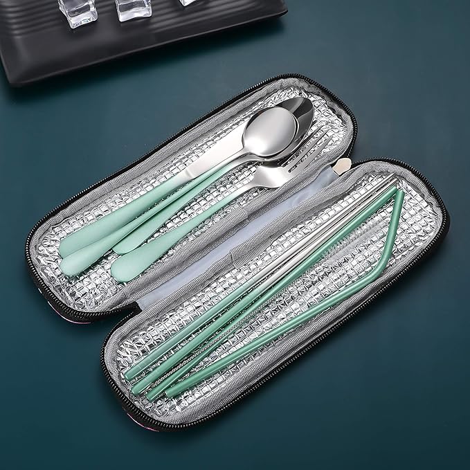Travel Utensils,Reusable Silverware Set To Go Portable Cutlery Set with a Waterproof Carrying Case for Lunch Boxes Workplace Camping Picnic (GraGreen)