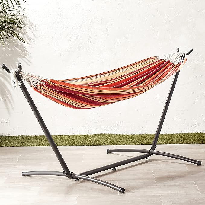 Amazon Basics 2 Person Heavy Duty Double Hammock with 9-Foot Space Saving Steel Stand and Carrying Case Outdoor, 450 lb Capacity, Sunset Orange, Stripe, 110 x 47 x 43 Inches