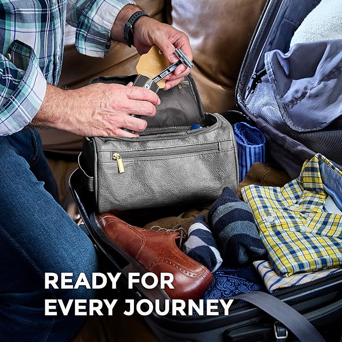 MINARAI Mens Toiletry Bag with Razor Case Included – Reinforced Stitching, Padded Panels, Holds Shape Trip After Trip, Ideal for Tight Hotel Sinks with Hook, Built for Men Who Travel Hard – GREY