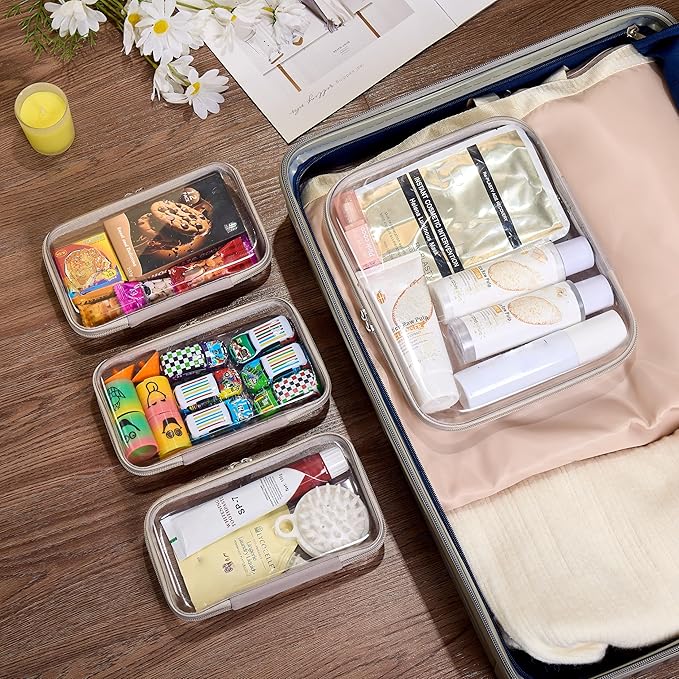 4 pcs Clear Zipper Pouches,Hard Shell Zipper Case, Toiletry Bag for Travel, CLear Diaper Bag, Toiletry Pouch, Travel Organizer, Clear Cosmetic Bag,Toy Storage Bins (M+3S) (Gray)