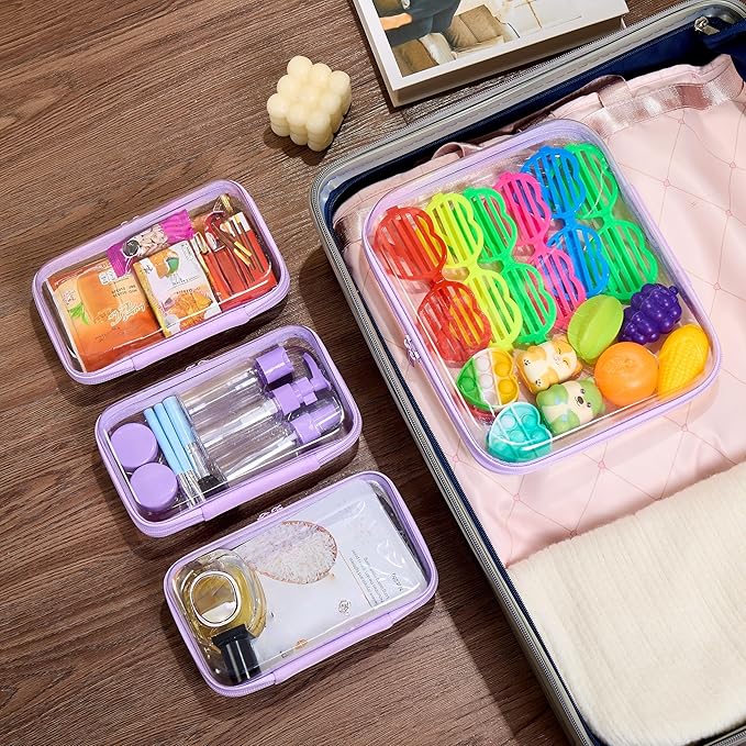 4 pcs Clear Zipper Pouches,Hard Shell Zipper Case, Toiletry Bag for Travel, CLear Diaper Bag, Toiletry Pouch, Travel Organizer, Clear Cosmetic Bag,Toy Storage Bins (M+3S) (Lavender)