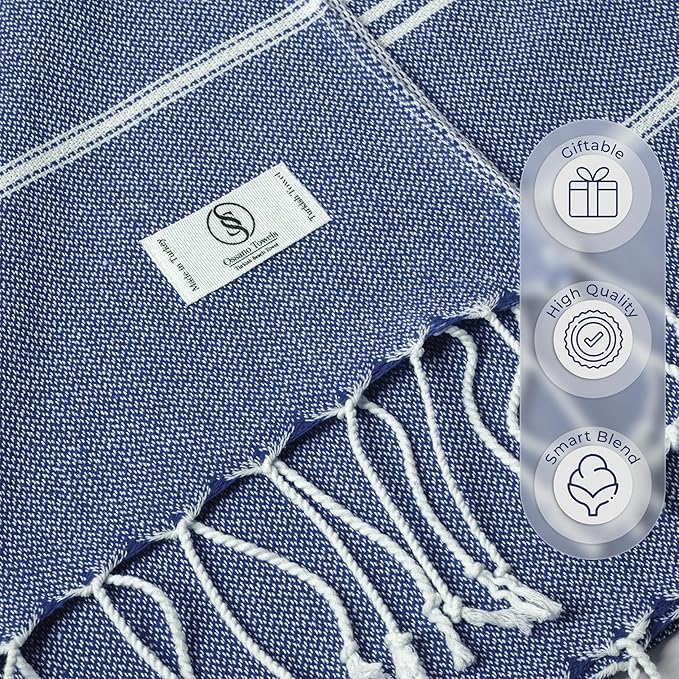 Turkish Beach Towel Compact & Soft Extra Large (39" x 71") - Quick Dry, Versatile and Functional as Yoga Mat, Picnic and Travel Blanket, Bath Towels/Vacation Essential - Indigo Blue