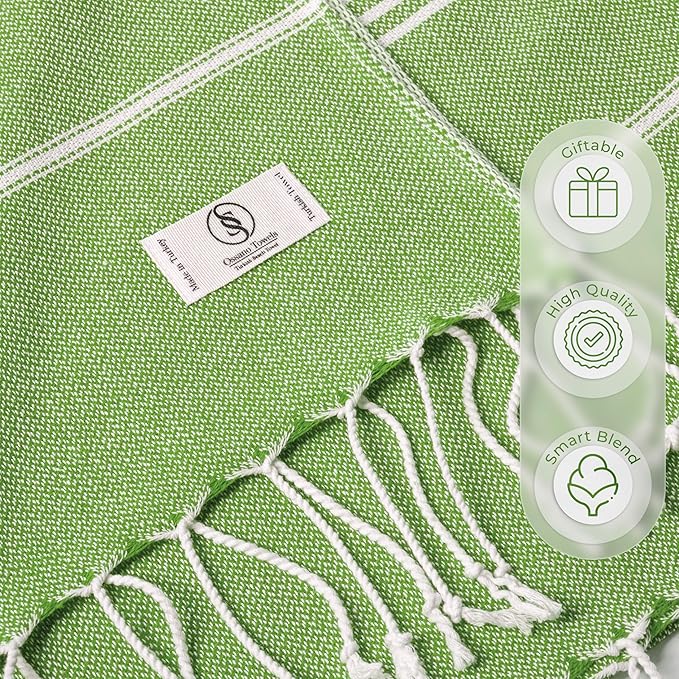 Turkish Beach Towel Absorbent & Lightweight Oversized (39" x 71") - Quick Dry, Versatile and Functional as Yoga Mat, Picnic Blanket, Travel Blanket, Bath, Gym, Camping Towel - Pistachio Green