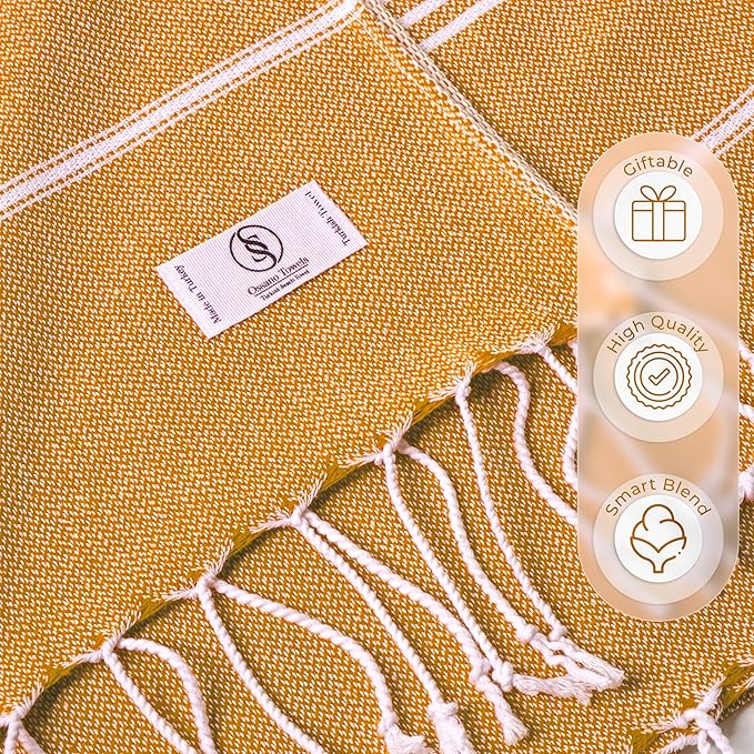 Turkish Beach Towel Striped & Smart Blend Oversized (39" x 71") - Quick Dry, Versatile and Functional as Picnic and Beach Blanket, Yoga, Pool, Travel and Gym Towels - Orange