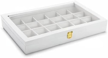 Oirlv Premium Blue Leather 24 Grid Jewelry Tray with Transparent Lid Earrings Rings Organizer Box Stackable Jewelry Box Drawer Inserts Women Gift