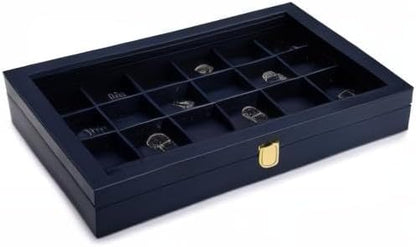 Oirlv Premium Blue Leather 24 Grid Jewelry Tray with Transparent Lid Earrings Rings Organizer Box Stackable Jewelry Box Drawer Inserts Women Gift