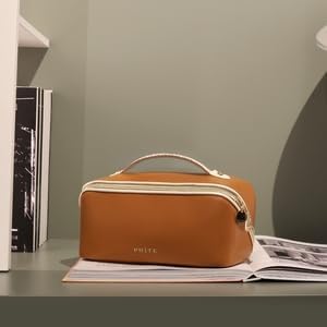 Prite Makeup Bag for Women Travel Waterproof Vegan Leather Cosmetic Bag Open Flat Toiletry Bag With Clear Divider and Handle