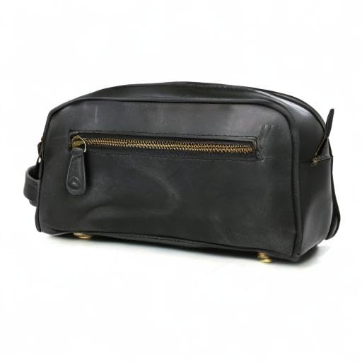 10" Premium Leather Toiletry Travel Pouch With Waterproof Lining Black Color | King-Size Handcrafted Vintage Shaving Kit By Aaron Leather Goods (Florida Black)