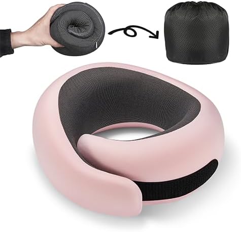 Travel Neck Pillow for Airplanes, Premium Memory Foam Neck Pillow with Ergonomic 360° Support, Travel Essentials for Plane, Car, Train and Home, Max Pink